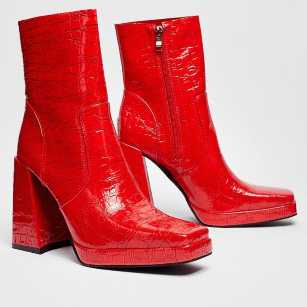 NASTY GAL Red Patent Square Toe Ankle Boots